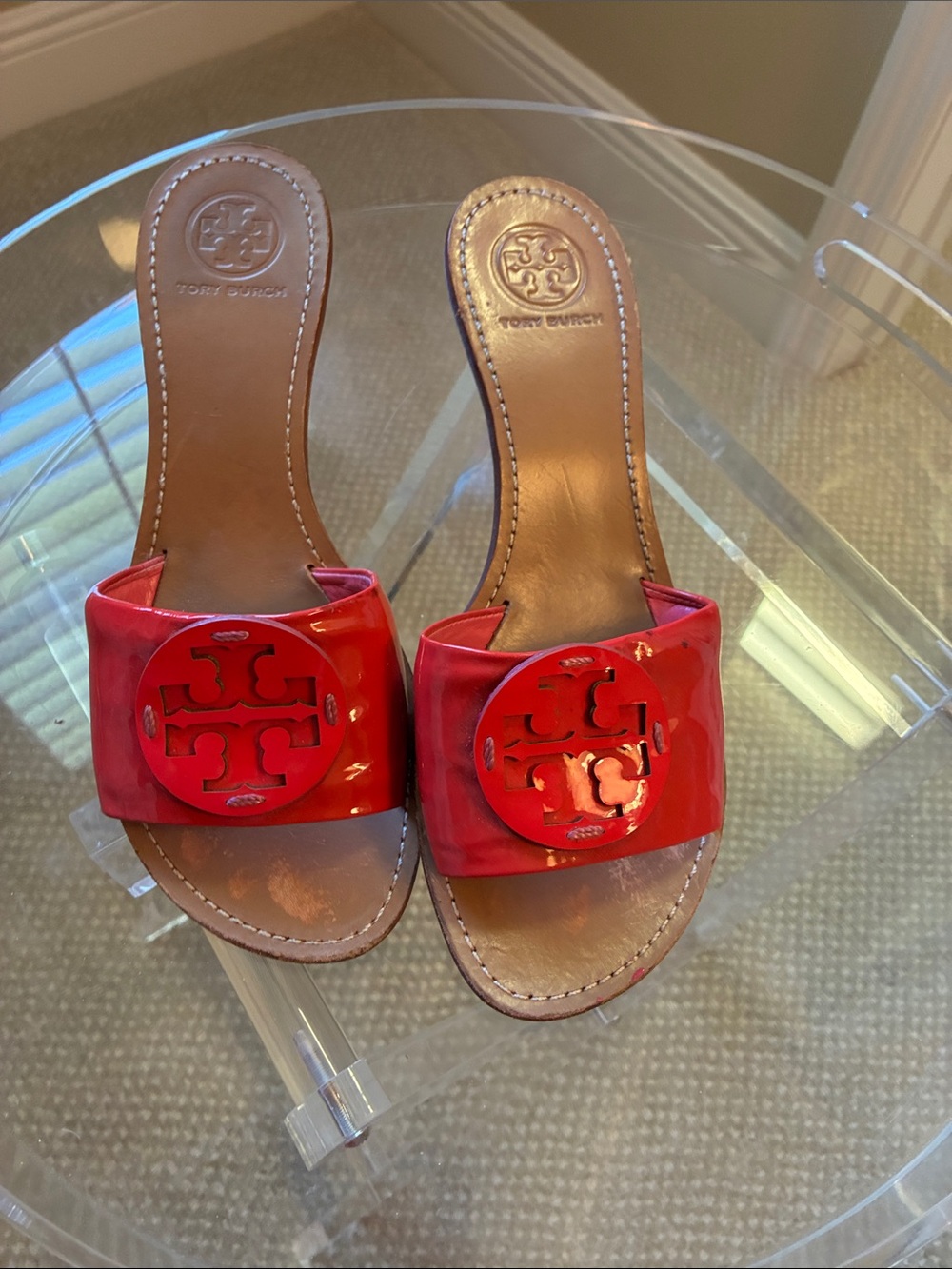 Tory Burch Red Patent Logo Slide Mules
